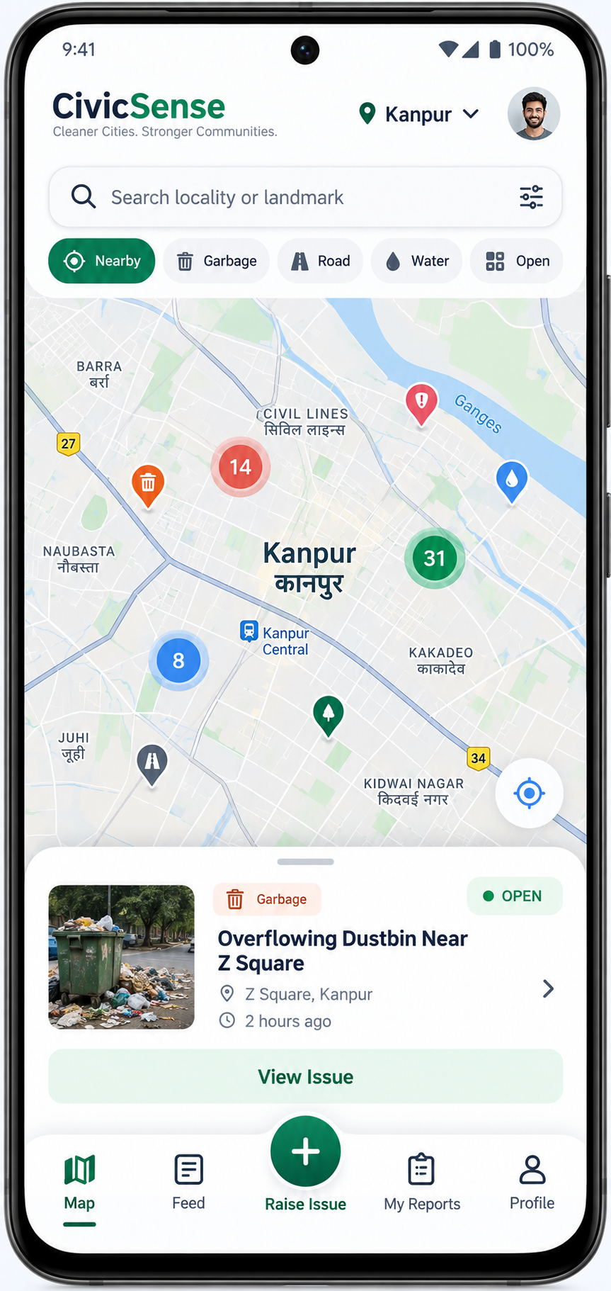 CivicSense app showing nearby issues on a Kanpur map