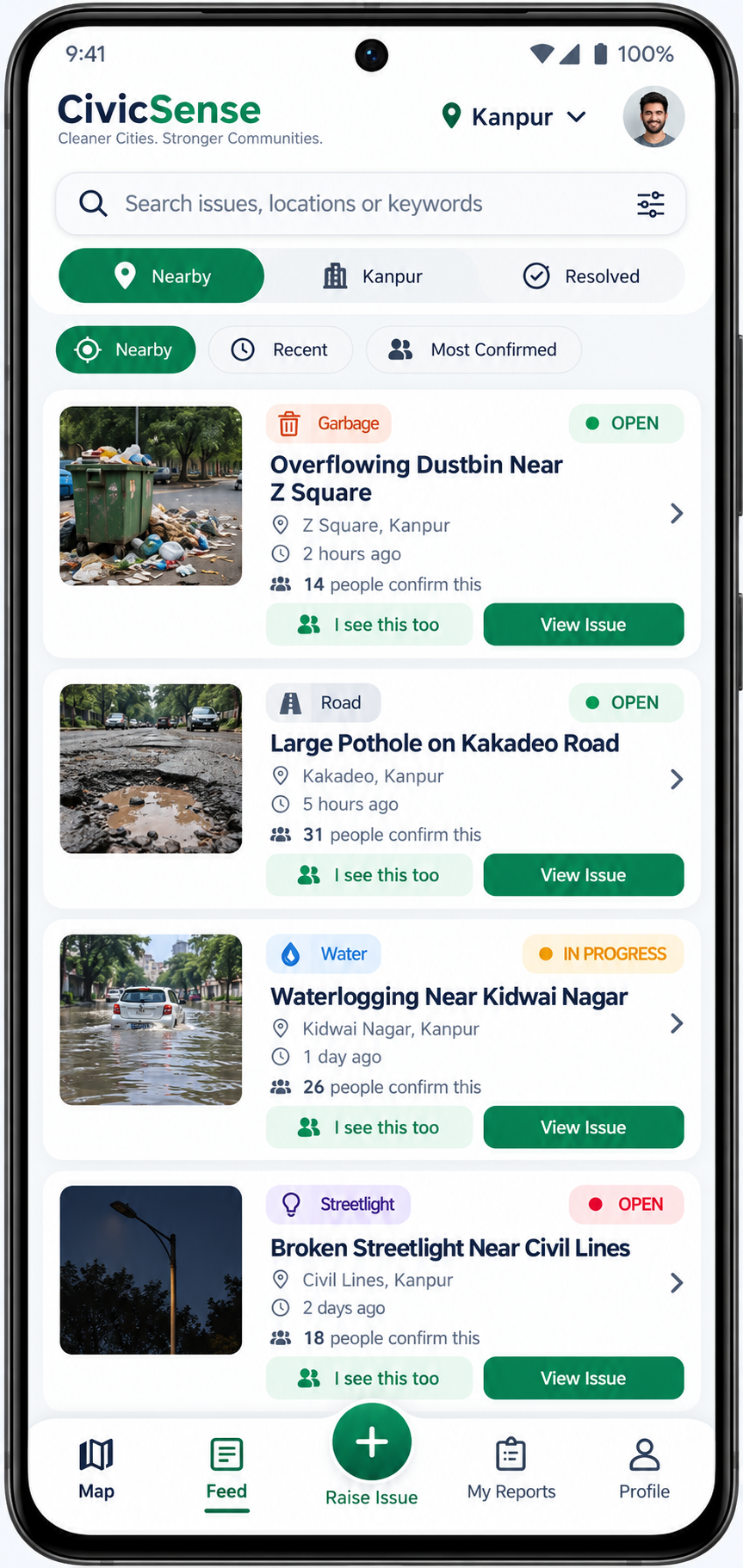 Nearby issue feed in the CivicSense mobile app
