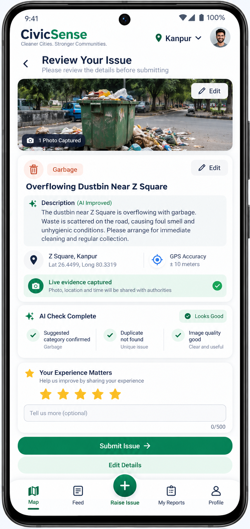 CivicSense review screen before issue submission
