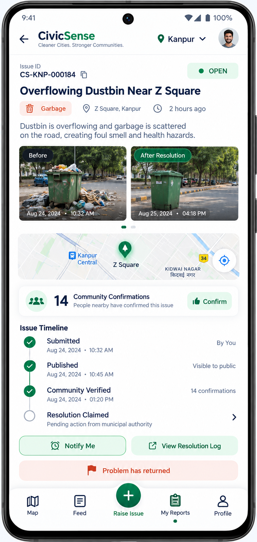 Illustrative issue resolution timeline in CivicSense